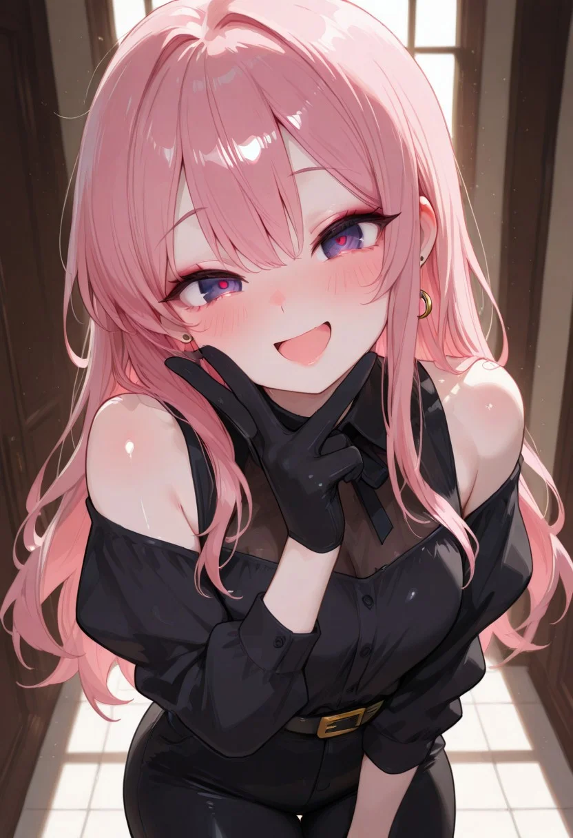 highest quality, extremely detailed, 4k, 8k, amazing quality, masterpiece, (best quality:1.1),ultra-detailed, high resolution, super detailed skin, beautiful detailed eyes, nsfw, Brightly Lit, Highly Visible, 8k, sharp focus, beautiful, perfect lighting, beautiful eyes, anatomically correct, anatomically correct face, extremely detailed eyes, smooth edges, beautiful face, symmetrical eyes, symmetrical face, BREAK, 
CivChan,purple eyes,pink hair, BREAK, 
open mouth,pale skin, makeup, lips, BREAK, 
thick thighs, BREAK,
shiny skin, gyaru,1girl, smile,blush, BREAK, 
indoor,rim lighting,warm lighting, looking at viewer, BREAK,gl0ssy, shiny skin,v,
belt buckle, yellow belt buckle, bare shoulders, clothing cutout, shoulder cutout, pants, black pants, earrings, long sleeves, shirt, off shoulder, gloves, black gloves, off shouder,