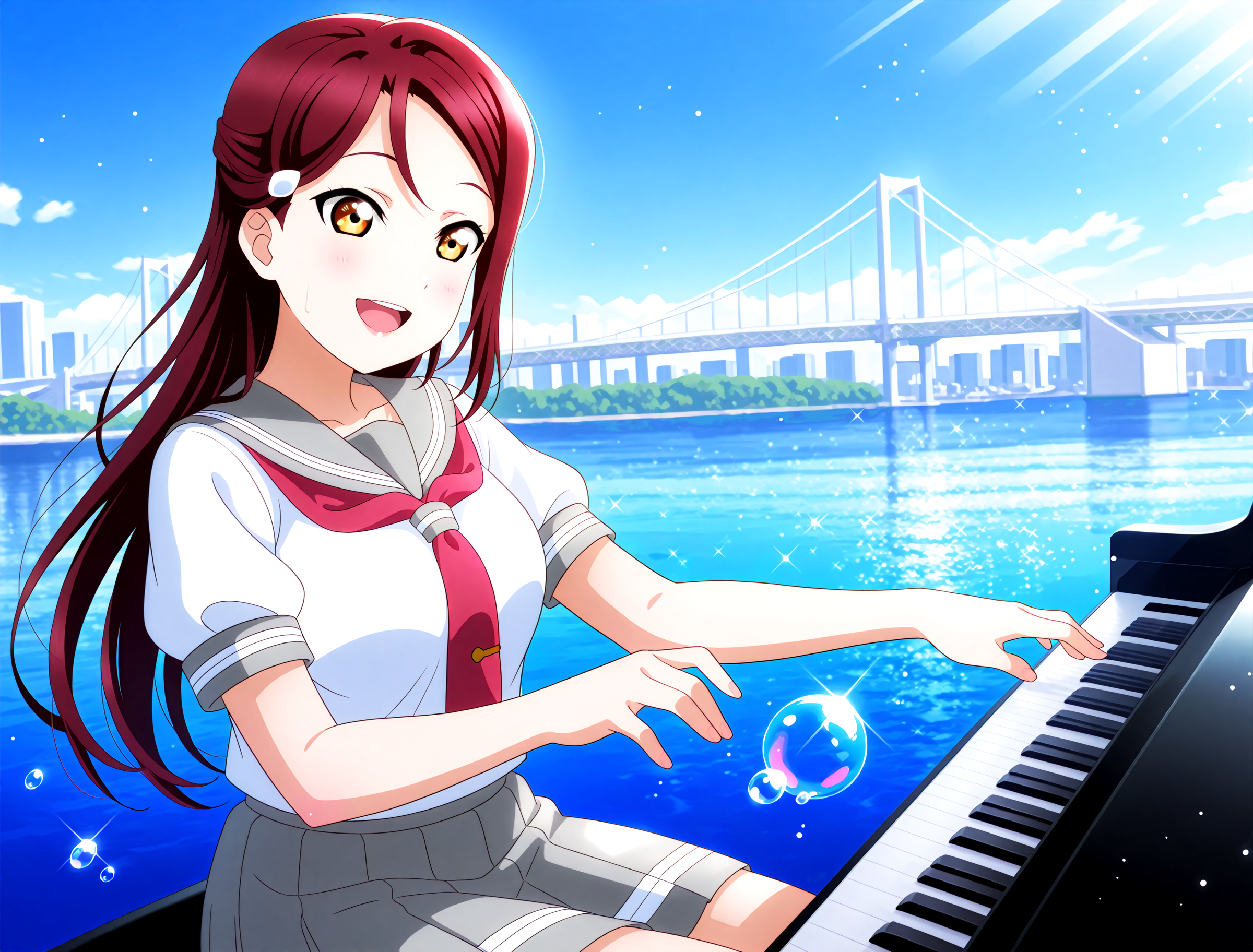 <lora:Koto-Umi-Riko-Shizu-Setsu-LLAS-IllustriousXLV01-V1:1> <lora:sdxl-boldline:-0.5> <lora:sdxl-flat:0.5>
<lora:Rainbowbridge-IllustriousXLV01-V1:1>
llas, masterpiece, very aesthetic, absurdres, best quality, newest, perfect anatomy, perfect lighting, anime coloring BREAK
sparkle, light particles, light rays, rim lighting, (depth of field, blurry background:1.2) BREAK
1girl, solo, looking to the side, from side, cowboy shot BREAK
sakurauchi riko, piano, playing piano, grand piano, sitting, on chair BREAK
big pupils, (detailed eyes:1.2), huge breasts, lips, :d, upper teeth only BREAK
(urasum, uranohoshi summer uniform:1.2), short sleeves, white serafuku BREAK
rainbowbridge, odaibakaihinkoen, ocean, reflective water, day, blue sky, blue theme, (bubble, water drop:1.2)