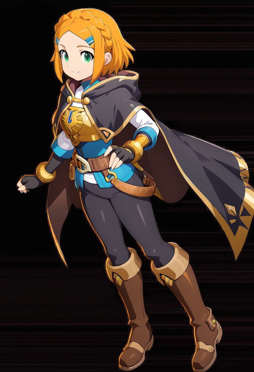 masterpiece, best quality, amazing quality, very aesthetic, absurdres, newest,shiny skin,, anime screenshot,  anime coloring, xdive, short hair, crown braid, sidelocks, parted bangs, hairclip, outfit_1, blue crop top, gold trim, white undershirt, breastplate, layered sleeves, brown sash, black gloves, fingerless gloves, black pants, knee boots, brown footwear, black cape, hooded cape,, Hand on waist, smile, full body, Black background, sexy pose,