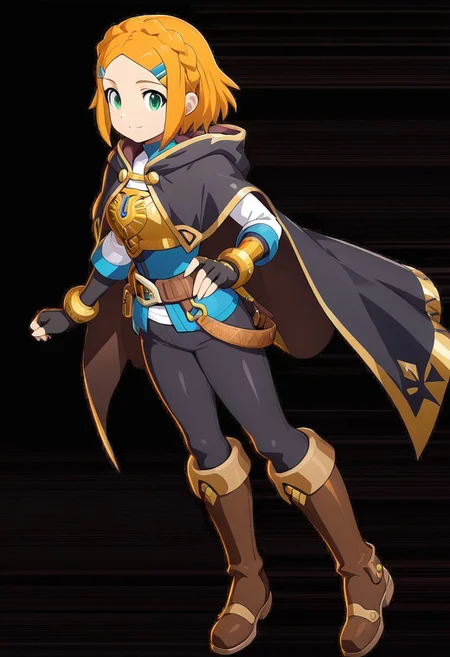 masterpiece, best quality, amazing quality, very aesthetic, absurdres, newest,shiny skin,, anime screenshot, anime coloring, xdive, short hair, crown braid, sidelocks, parted bangs, hairclip, outfit_1, blue crop top, gold trim, white undershirt, breastplate, layered sleeves, brown sash, black gloves, fingerless gloves, black pants, knee boots, brown footwear, black cape, hooded cape,, Hand on waist, smile, full body, Black background, sexy pose,
