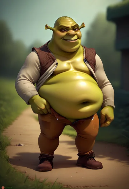 score_9, score_8_up, score_7_up, <lora:Degen_Unzip_Beta:1>, front_zipper_pulldown, navel, aerola slip, partially unzipped, clothing pull, 1boy, smirk, <lora:Shrek_XLPD:1> shrek, green skin, <lora:spsaggyBellyXLPony:1> saggy belly, big belly, fat belly, slums,