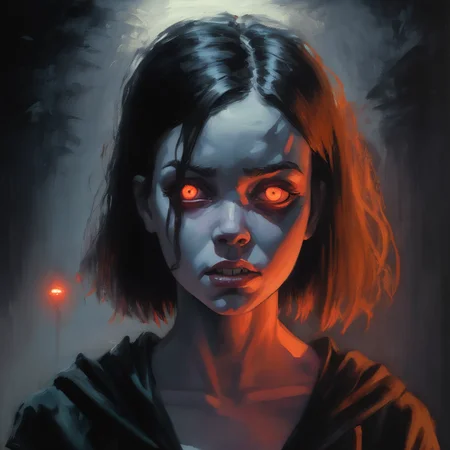VtmArt, painting of a girl, looking terrified, glowing eyes, <lora:VtmArt:1>, at night