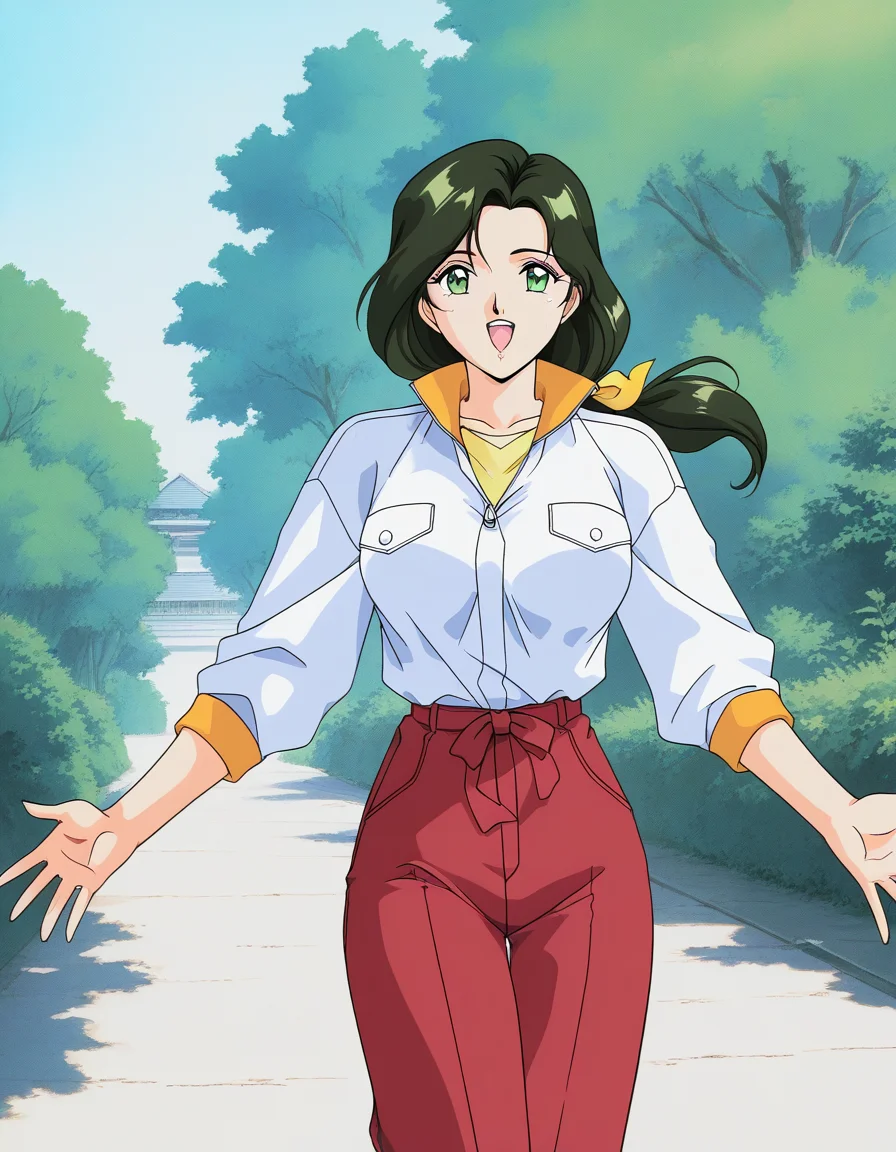 general,highres, ultra-detailed,very aesthetic,best quality ,best hands, BREAK <lora:Sakurai_Sensei_IS:1>Sakurai_Sensei, 1girl,solo, dark green hair, long hair, green eyes, large breasts, low ponytail, lips,1990s (style), anime coloring, BREAK,
smile,looking at viewer, cowboy_Shot, open mouth,
down arms,
white sleeve, red pants, long pants, closed jacket, button,
outdoor, day,, general,highres, ultra-detailed,very aesthetic,best quality ,best hands, BREAK