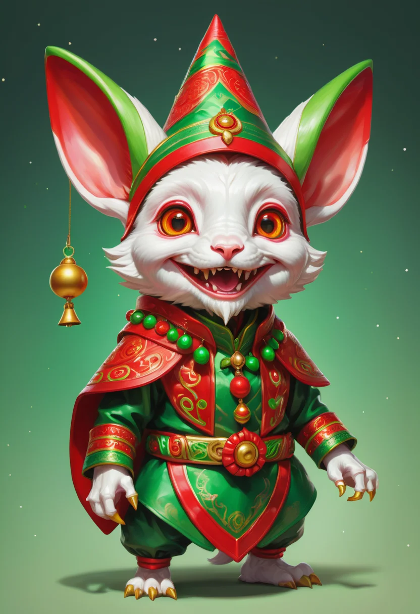 hyper detailed masterpiece, dynamic, awesome quality, mangkukulam, small humanoid creature, pointed ears, bright and festive attire, red, green, holiday colors, pointed hat with a bell on the tip, merry cheerful expression, rosy cheeks, lively eyes, joyful, industrious, and benevolent