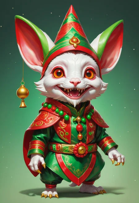 hyper detailed masterpiece, dynamic, awesome quality, mangkukulam, small humanoid creature, pointed ears, bright and festive attire, red, green, holiday colors, pointed hat with a bell on the tip, merry cheerful expression, rosy cheeks, lively eyes, joyful, industrious, and benevolent