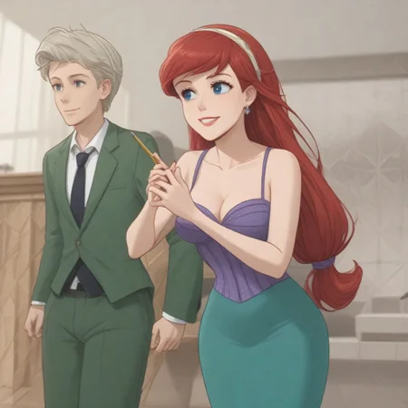 1 woman, yor briar, yor forger, purple seashell bra, green scales mermaid, blue dress, smiling, standing in a sunlit stone courtyard, kingdom of corona, warm weather, barefoot, big breasts with cleavage, elegant purple ballgown, drawing a sun with chalk, hair braided like rapunzel, absurdly long hair, lacy purple ballgown, dynamic pose, elegant eyes, pretty face, smiling
 earrings, collared shirt, vest, green skirt, pencil skirt, office lady, green vest,, coat, trench coat,, dress, cleavage, bare shoulders, jewelry, collarbone, sleeveless, black dress, halterneck, headband, white headband,, ArielWaifu, blue eyes, shell bikini, red long hair, mermaid, mermaid tail, monster girl, Blue eyes, red long hair, pink dress, tiara, corset, Blue eyes, red long hair, hair bow, hair band, blue dress, corset, 1girl