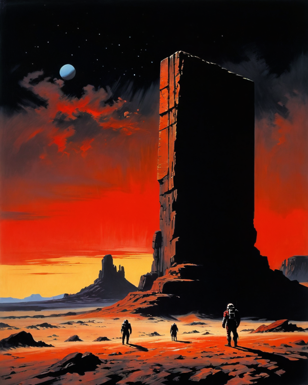 Monolith, 2001 space odyssey, desert, Frank Frazetta style,  scarlet, black background, <lora:add-detail-xl:1.0>  <lora:xl_more_art-full_v1:0.5>
