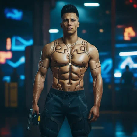 DavidMartinez1024, a very muscular man, shirtless, cargo pants, cyberpunk background, highly detailed, photography, ultra sharp, film, bokeh, professional, 64k  <lora:DavidMartinez1024:0.8>