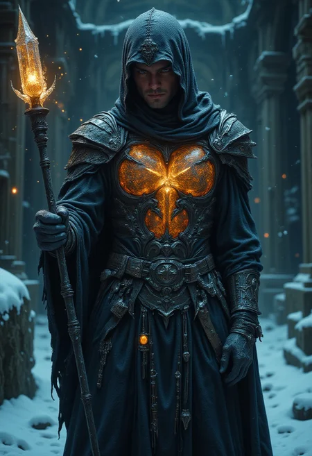 Cinematic style, illustration, dramatic chiaroscuro, ethereal beauty, high definition,
Extreme Upper Body Closeup Portrait, Vibrant Amber and golden-black color graded, AmanoER, analog Photo of a wizard with a staff full of crystals, the crystals are round golden amber, hkevil ninja-goddess, action pose, featuring a stylized, a ninja with translucent Amber ice-based powers. He is depicted standing in a snowy, shadowy background., giving an action pose, Casting a spear Made of ICE and frost. The blue dark-orange-yellow outlines and defines the character's muscular physique, ornate suit of armor. The armor includes a translucent amber and black chest piece with intricate Design.