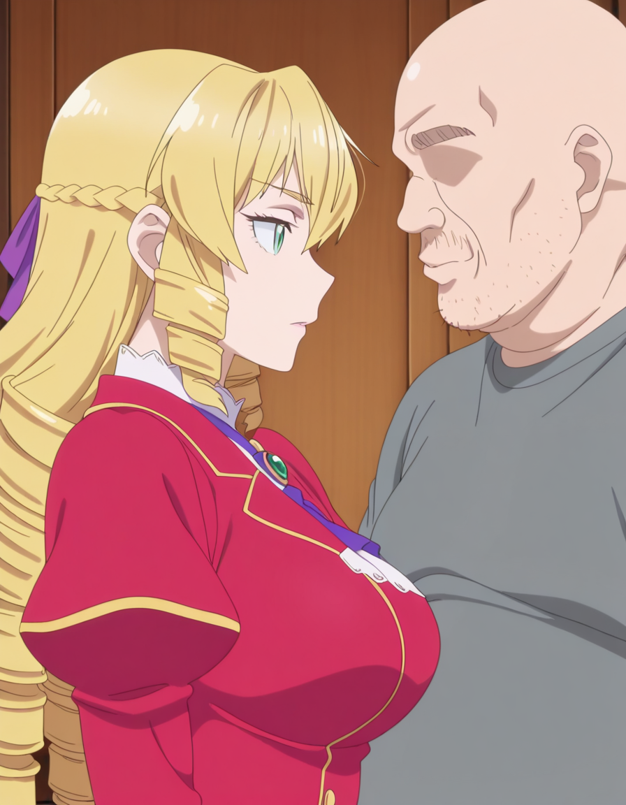 masterpiece, best quality, amazing quality,, <lora:grace-auvergne-s1-illustriousxl-lora-nochekaiser:1>, grace auvergne, long hair, blonde hair, green eyes, drill hair, braid, hair ribbon, purple ribbon, mature female, breasts, anime screencap,, <lora:faceless-ugly-man-illustriousxl-lora-nochekaiser:1>, faceless ugly man, faceless, ugly man, fat, faceless male, fat, bald, mature male,,