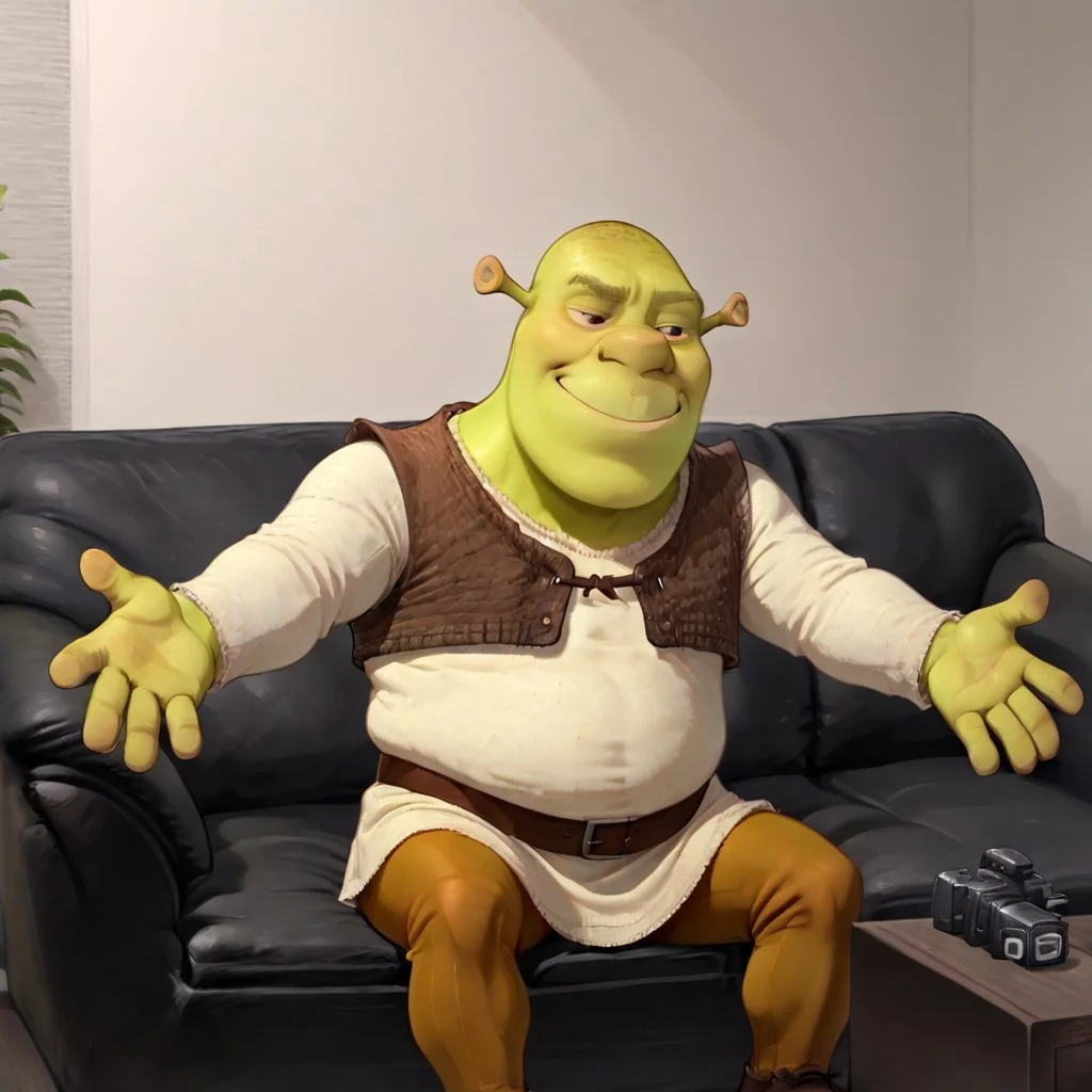 masterpiece, best quality, newest, absurdres, highres, anime, anime style, CCV1.0-IL, couch, black couch, casting couch, camera, sitting on couch, sitting,
1boy, shrek, bald, green skin
brown vest, white shirt, brown belt, pants, smug, outstretched arms,