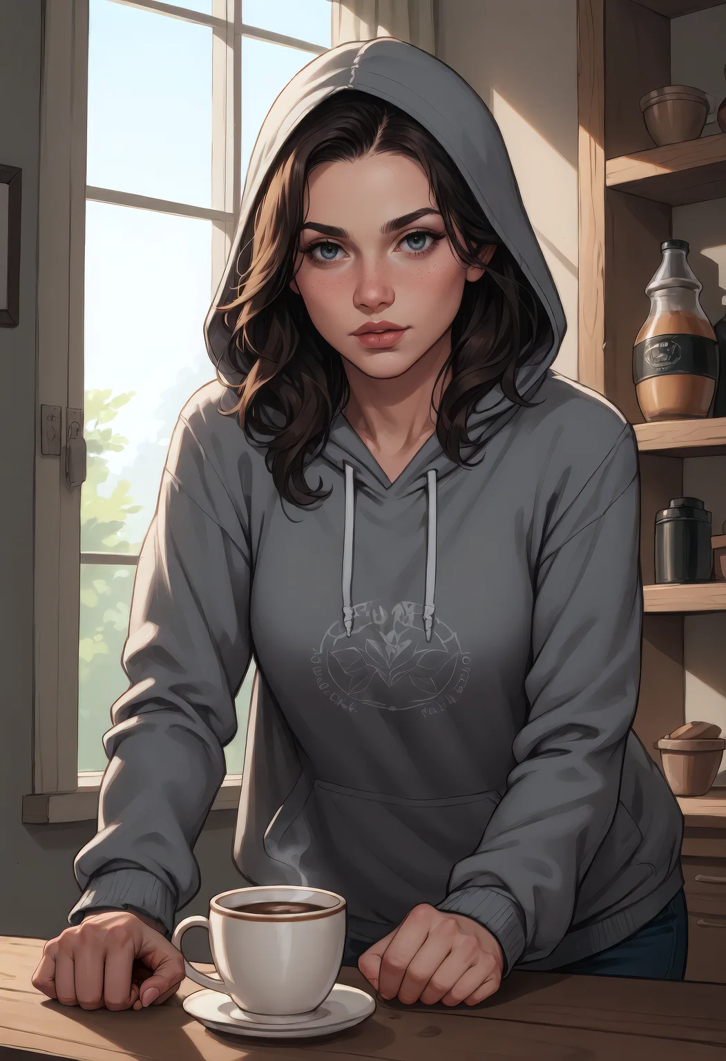 score_9, score_8_up, score_7_up,  , dynamic pose, absurdres, fashion photography, 1girl, jeams, hoodie, bending over a counter in a cozy coffee shop as she reaches for a cup. The interior lighting softly highlights her toned shape, with the warm, inviting cafe environment creating a relaxed, candid scene. Background details include rustic wooden shelves with various coffee items. [natural style, warm indoor lighting, medium-wide angle]