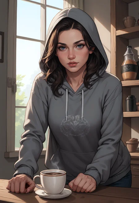 score_9, score_8_up, score_7_up,  , dynamic pose, absurdres, fashion photography, 1girl, jeams, hoodie, bending over a counter in a cozy coffee shop as she reaches for a cup. The interior lighting softly highlights her toned shape, with the warm, inviting cafe environment creating a relaxed, candid scene. Background details include rustic wooden shelves with various coffee items. [natural style, warm indoor lighting, medium-wide angle]