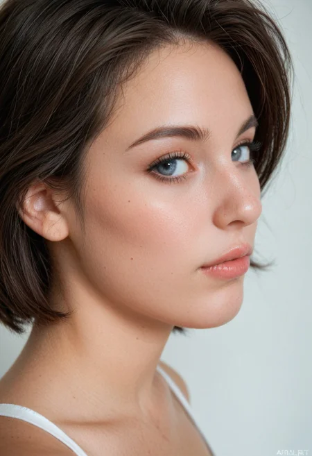 score_9, score_8, score_7, score_6, highres, high-quality, 8k, 4k, raw, Olivia Jeffrey Benson, short hair, gray eyes, grey eyes, dark brown hair, facing right, looking right, portrait photo, portrait photography, side profile