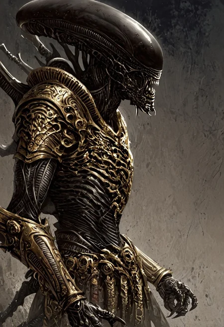 score_9, score_8_up, score_7_up, score_6_up, score_5_up, score_4_up,<lora:Fant5yP0ny:0.8>, xenomorphic creature from Lords of the Fallen, black templar armor, gold sword of Pieta, solo, gold eyes, blood on face, art by hr giger, ornamental armor