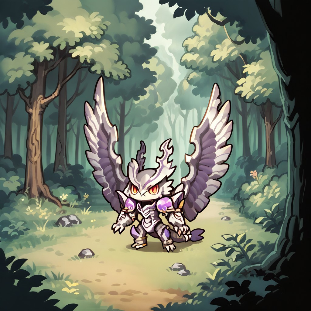 score_9, score_8_up, score_7_up, score_6_up, score_5_up, score_4_up, source_anime,kenbis, chibi,outdoors,forest,dorugoramon,wings,tail
