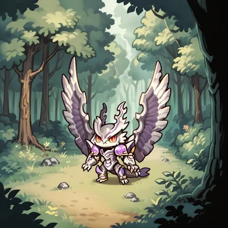 score_9, score_8_up, score_7_up, score_6_up, score_5_up, score_4_up, source_anime,kenbis, chibi,outdoors,forest,dorugoramon,wings,tail