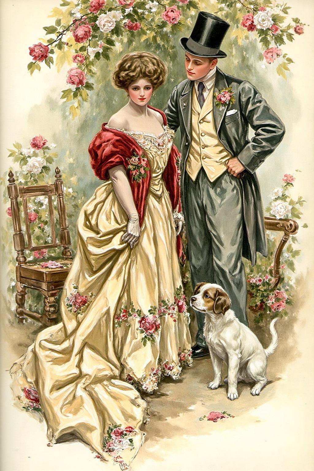 hafisher1 illustration.
The scene depicts a romantic, pastoral setting from the Victorian era, with a couple standing in a lush, vibrant garden. The woman, on the left, is dressed in a voluminous, cream-colored gown with intricate lace and floral patterns. She wears a red shawl draped over her shoulders, adorned with colorful, intricate embroidery. A little puppy is on the floor, looking up at the couple. <lora:hafisher1_cap_d6a3e12:1.0><lora:829873340698150035:0>