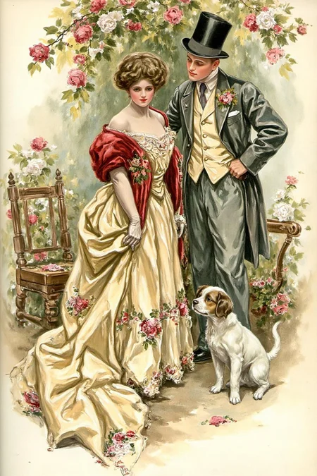 hafisher1 illustration.
The scene depicts a romantic, pastoral setting from the Victorian era, with a couple standing in a lush, vibrant garden. The woman, on the left, is dressed in a voluminous, cream-colored gown with intricate lace and floral patterns. She wears a red shawl draped over her shoulders, adorned with colorful, intricate embroidery. A little puppy is on the floor, looking up at the couple. <lora:hafisher1_cap_d6a3e12:1.0><lora:829873340698150035:0>