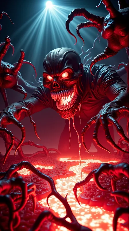 A realistic photo, dark style, horror photo, atmospheric, of a CarnageStyle red bloody gore glowing Caldera, guts frightening, NSFW<lora:CarnageStyleFlux:0.7><lora:DarkmosphericFlux:0.4>photography,shallow depth of field,eye-level shot,natural lighting,decorative lighting,outdoor lighting,plasma,(fisheyes view:1.4),shot on Panasonic Lumix GH5 with Leica DG 25mm f-1.4