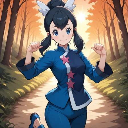 score_9, score_8, BREAK, solo, liza (pokemon), black hair, hair bun, single hair bun, long hair, sidelocks, blue eyes, white hair ribbon, blue jacket, long sleeves, pink star buttons, blue capri pants, blue shoes, adult female, mature female, breasts, sexy pose, self portrait, smile, outdoors, sunlight, shadows, evening lighting, natural lighting, forest, trees, grass, orange sky, sunset