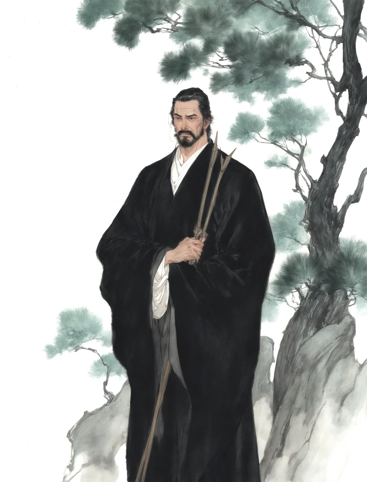 solo, short hair, black hair, long sleeves, 1boy, holding, standing, male focus, tree, facial hair, traditional media, beard, robe, mustache, old, old man
masterpiece, absurdres,
<lora:freehandink_V1:1>