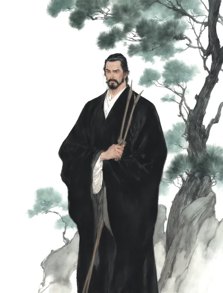 solo, short hair, black hair, long sleeves, 1boy, holding, standing, male focus, tree, facial hair, traditional media, beard, robe, mustache, old, old man
masterpiece, absurdres,
<lora:freehandink_V1:1>
