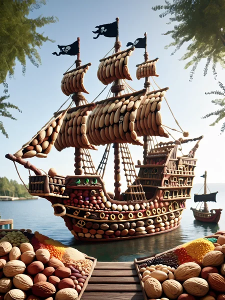 A ais-nutz pirate ship, docked at a whimsical dock  <lora:ais-nutz:1>