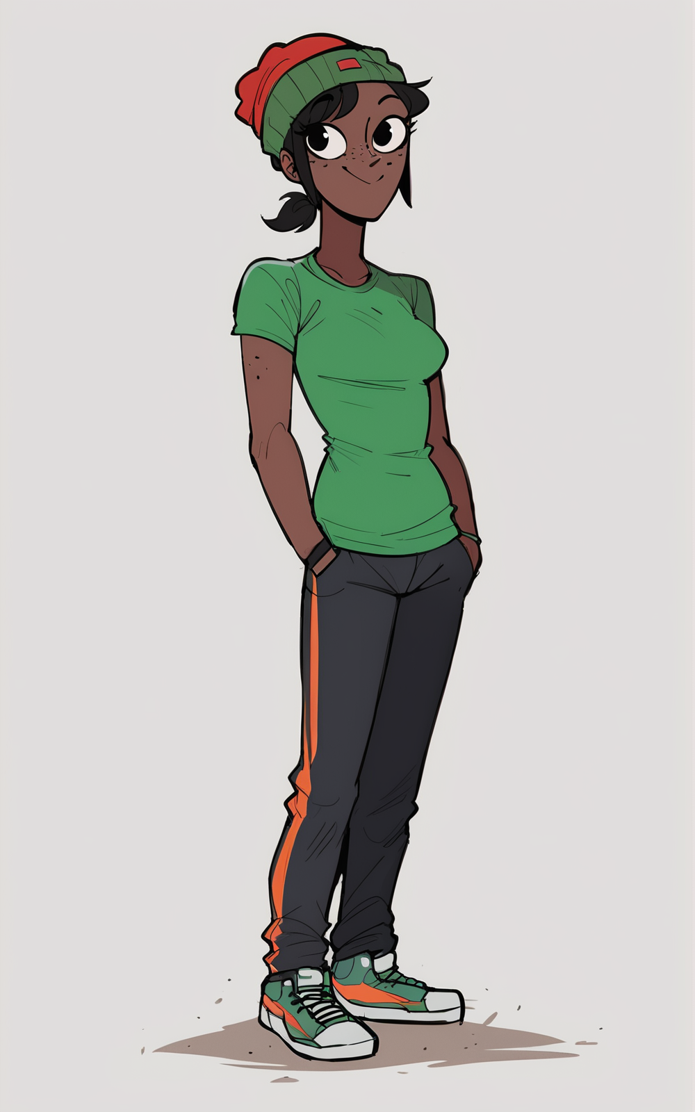 score_9, score_8_up, score_7_up,((best quality)), absurdres,((full body)),  <lora:3d-2d:0.8>,  <lora:SkylaCruzPXL:0.8>,SkylaCruzPXL,freckles, dark skin, dark-skinned female,black hair,black eyes, short ponytail,short hair, ponytail,beanie, pants, green shirt, white background,solo,slim, multicolored beanie,smile