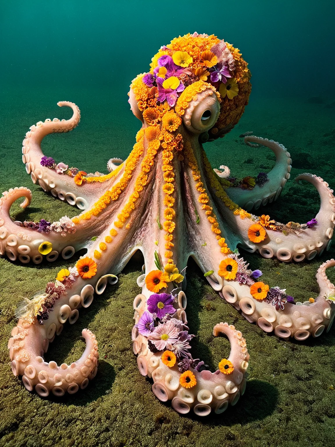 An ais-flowery octopus near the bottom of the ocean <lora:Flowery_Style_SDXL:1>,<lora:EnvyBetterHiresFixXL01:0:hr=1>