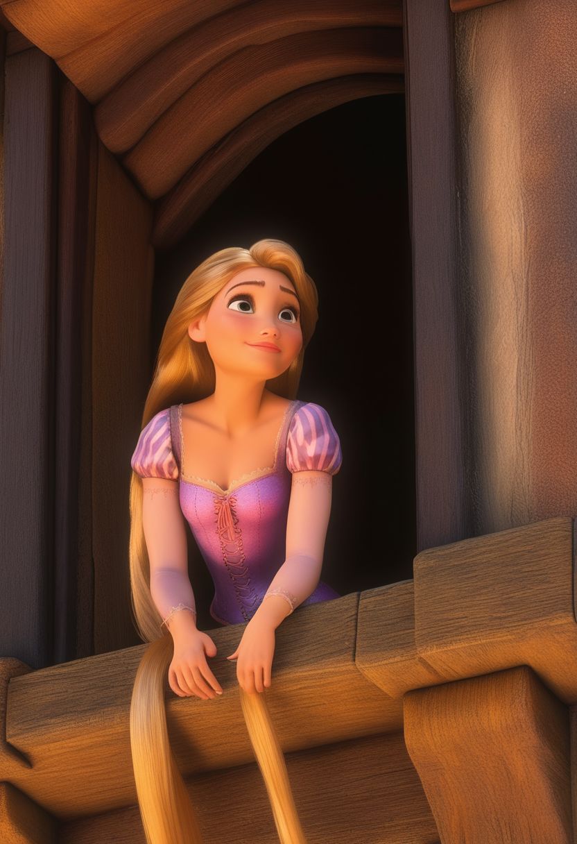 full body shot, realistic, stunningly realistic, trending on artstation,rapunzel, leaning on the window of the tower, scenery, looking down, hair hanging on a hook, original style, 3d disney anime (masterpiece), best quality, highres, 4k, 8k, intricate detail, cinematic lighting, amazing quality, amazing shading, soft lighting, 35mm, analog style, a realistic photo, film grain, (photorealistic:0.6), taken by a canon eos r5, ultra detailed skin, ultra detailed face,  chromatic aberration, colorful, bright colors,