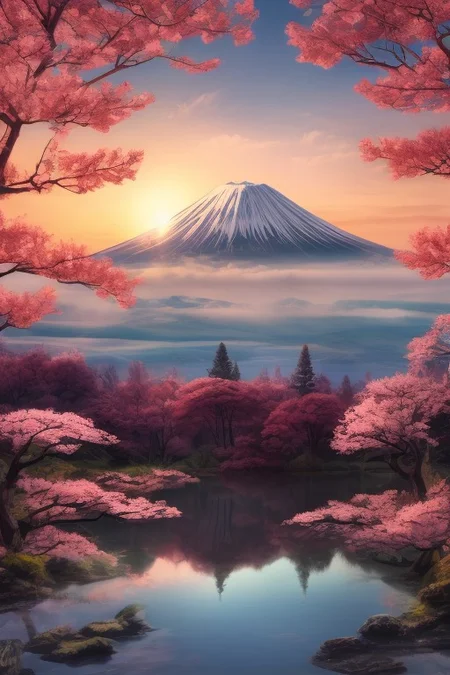 Mh1$AgThS2, intricate linework with expressive contrasts, soft lighting with dynamic highlights, a tranquil large lake in the uplands, sakura trees, blossom, mist, dawn, reflection, with mount fuji in the distance, no humans, In the style of ff-td, FanLan