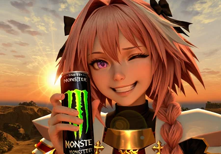 masterpiece, realistic, scenery, sunset, clouds, sun beams, lens flare, 1boy, solo, astolfo, pink twintails, armor outfit, playful wink, (holding can of monster energy:1.5), brand label clear, upper body close-up, product-focused framing, rim-lit hand and can, <lora:POSTAL_2_Style_Lora_V1.0_ILXL_DIM16_E10:1> <lora:dmd2_sdxl_4step_lora:1>