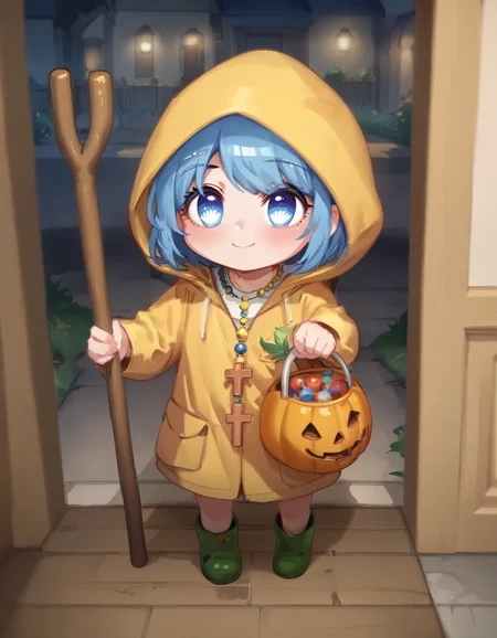 score_9, score_8_up, score_7_up, score_6_up, score_5_up, score_4_up, anime screencap,
luce, <lora:luce-PD-1.0:0>, chibi, lucexlp, 1girl, solo, short hair, blue eyes, blue hair, <lora:Expressive_H:0.8>, Expressiveh, yellow raincoat,
<lora:Trick_or_treat:0.7>,
long sleeves, jewelry, blue hair, hood, necklace, holding staff, green footwear, rubber boots, tr1ck0rtr3at, holding, halloween bucket, doorway, street background, <lora:lucexlp:0.8>