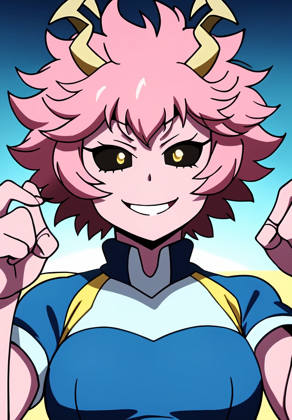 <lora:mina_ashidov2:0.8>, mina_ashido, (masterpiece, best quality,perfect lighting), 1girl, solo, smirk, strike a pose, portrait, hands up, blue training uniform,