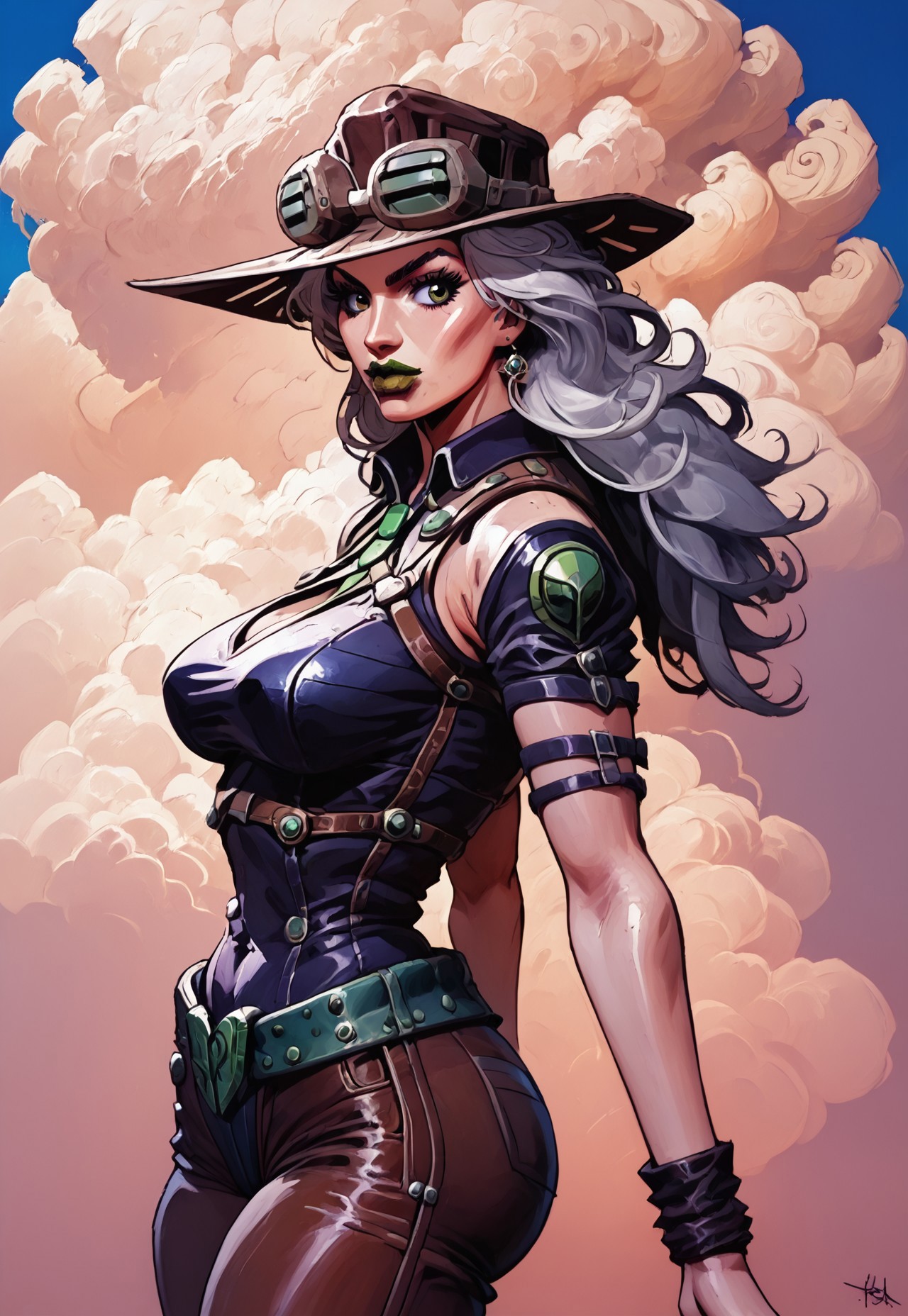 safe_pos, score_9, score_8_up, score_7_up, cel-shading,looking back, from behind, side view, side boob, side ass, rivals, arcan3styl3v1, gyrogirl, MYLF, milf, motherly, mature female, hat with goggles, green lips, cape, ((chest harness, leather straps)), navy shirt, groin, high-cut leotard, hip cutout, belt, low-raise pants, cloudy background, tilting, jojo pose, SHARP_DETAIL, HDR, TEXTURES, DETAILED_TEXTURE, UNSHARP, CRISP_DETAIL, DYNAMIC REFLECTIONS, high contrast, vivid lighting, rendered artistically, impressive, extremely detailed, ultra realistic, linquivera, rim light, BREAK thick lineart, cel-shading depicted in a dynamic pose with a cel-shading style. The character features bold outlines and distinct, flat color regions with no gradient mesh, maintaining separate color blocks, crossing hatching shading, half tone, tetradic colors