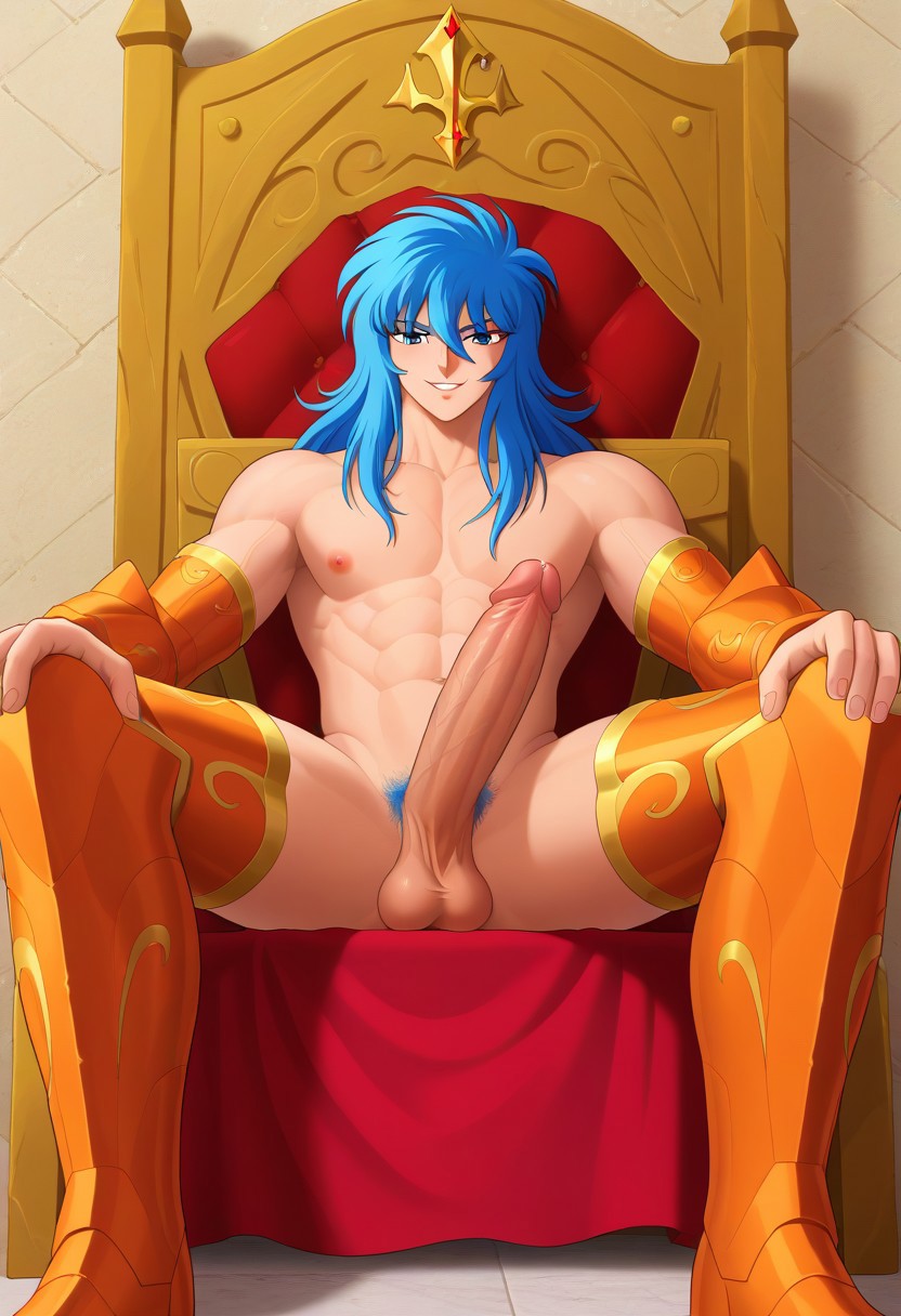 score_9, score_8_up, score_8, score_9, masterpiece, ultra high quality, hd render, male focus, 1boy, solo,  young man, solo, JulianSolo, blue hair, very long wavy hair, hair between eyes, blue eyes, bangs, hair between eyes, light skin, young man, parted lips, sexy smile, nude, naked, handsome boy, narrow features, sitting, sitting on throne, chiseled face, freckles, twink, large pectorals, lean body, wide shoulders, slim waist, tiny waist, pubic hair, v-line,  massive penis, very long penis, saggy balls, sagging balls, massive pectorals, nipples, abs, wide shoulders, tiny waist, narrow waist, armored boots, golden greaves boots, throne room, palace, relaxed and carefree vibe, indoors, high quality, hd render, retro artstyle, 1990s_(style), 1980s_(style),