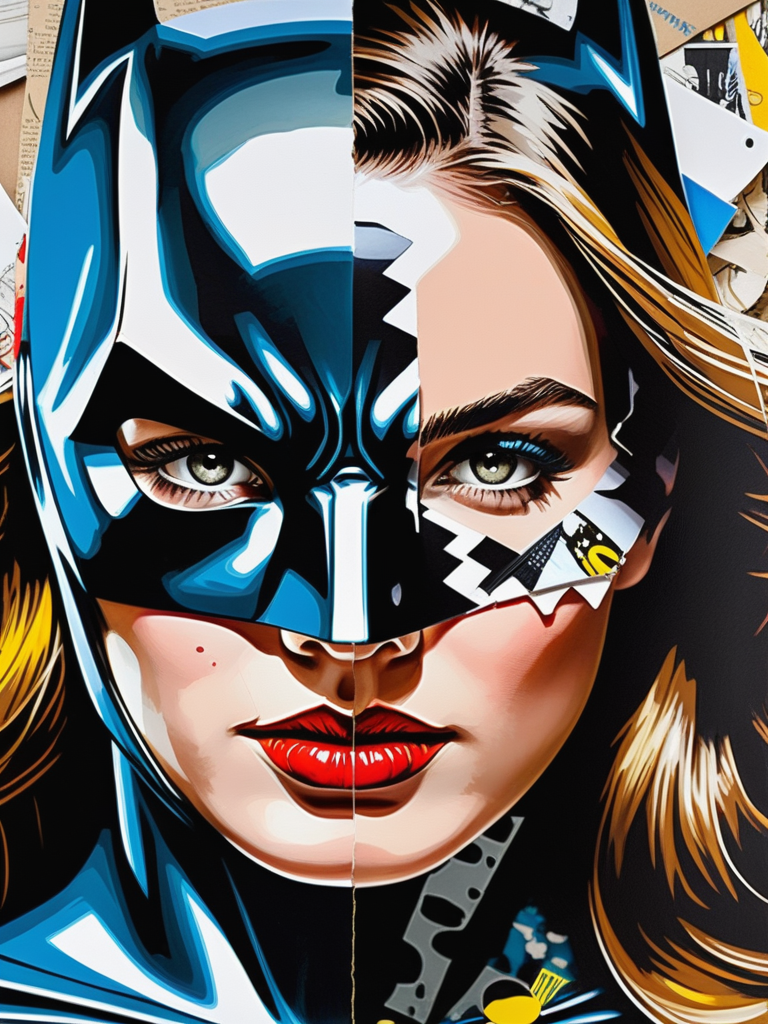<lora:11VisualArt_Hap_XL:1.5>,Sandra Chevrier style,collage,torn paper effect ,pop art, comic book, Batman, Robin, superhero, Scene 6: Confrontation and Reflection