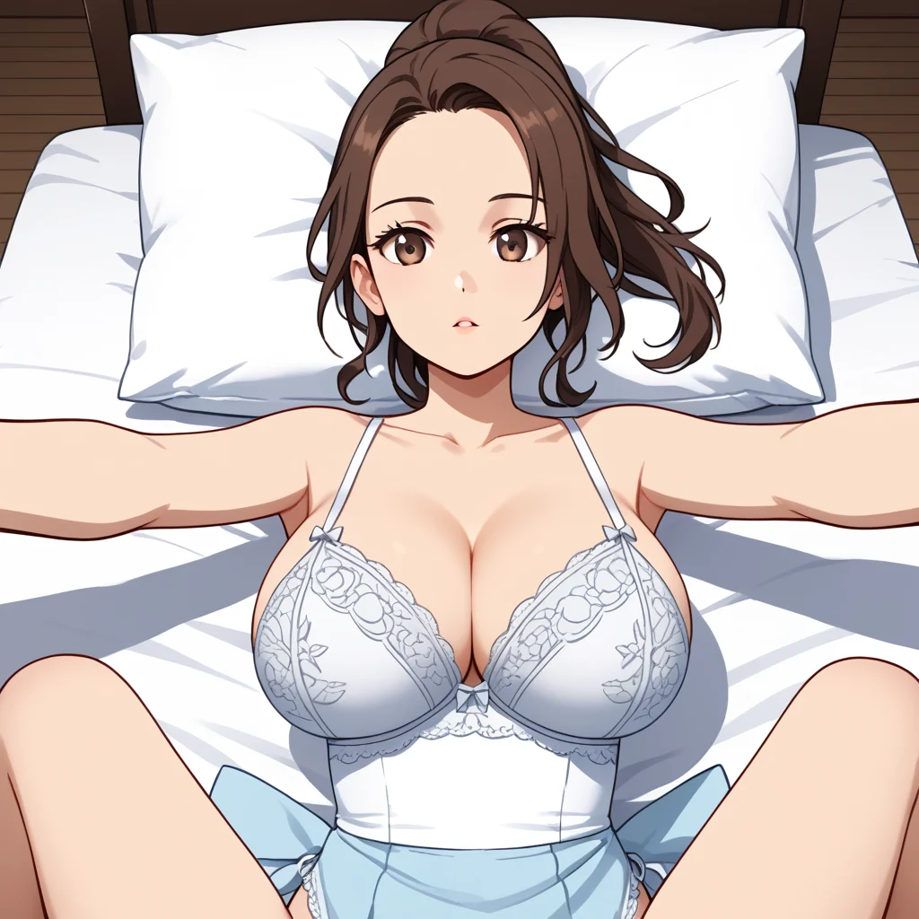 score_9, score_8_up, score_7_up, anime_source, best quality, masterpiece, 1girl, solo focus, solo, uncensored, Expressiveh,
selena, brown hair, ponytail, brown eyes, big breasts,
lying down, on back,
white lingerie,
pov, reaching towards,
detailed eyes,
detailed background, bedroom,