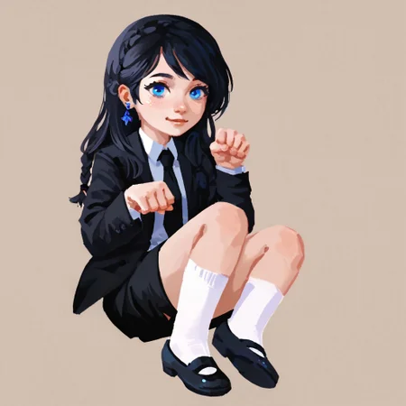 score_9, score_8_up, score_7_up, lineless, realistic
Paw Pose, cute, 1girl, solo, Adult girl, art, GELUGDD, girl, black hair, long hair, braid, blue eyes, blue earrings, black tie, black skirt, black jacket with tie, white socks, black shoes, Harmonious background,