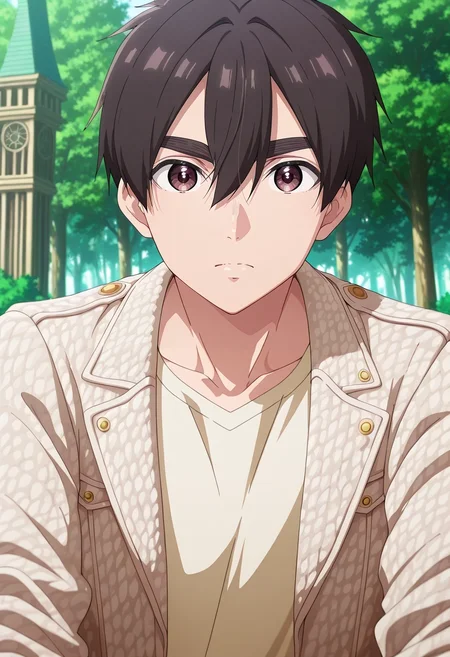 masterpiece, best quality, , anime screencap, anime coloring, official style, looking at viewer, 1boy, solo, male focus, <lora:rentarou_aijou_ilxl:0.98>, rentarou_aijou, black hair, brown eyes, short hair, hair between eyes, bangs, forest palace, tree towers, leaf halls, wooden courts, royal pose, majestic expression, morning, Mesh Ombre Stretch chinos, Striated Beige Wool Faux leather jacket, Espadrilles, , and