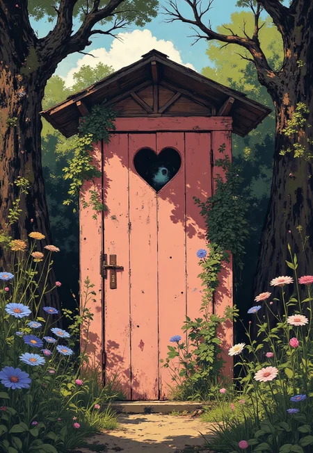 A hyper-realistic, cinematic image that captures an old, classical wooden outhouse in exquisite detail. The outhouse, once painted a vibrant pink now faded to a weathered blush, is rendered with visible layers of peeling, cracked paint that tell its storied past. The focal point is the front door, where a heart-shaped hole is boldly cut in the upper half, its edges softened by natural patina and time. The structure is completely overgrown—dense ivy cascades along its weathered planks while blue flowering clematis and an array of colorful blossoms intertwine with delicate vines, adding bursts of life and contrast.
The outhouse is perfectly framed between two ancient trees with gnarled, moss-covered bark, whose twisted branches border the scene, creating a natural vignette. Harsh midday sunlight streams in, casting dramatic, deep shadows and high-contrast highlights over every textured surface, from the rough wooden grain and peeling paint to the vibrant foliage. The overall composition is meticulously detailed, combining the crisp clarity of professional photography with a subtle, painterly aesthetic that imbues the scene with a timeless, surreal quality. The Flux model should capture these intricate details, dynamic lighting, and natural textures to evoke a sense of nostalgic decay interwoven with the persistent beauty of nature.
in the style of cksc, DB4RZ style painting