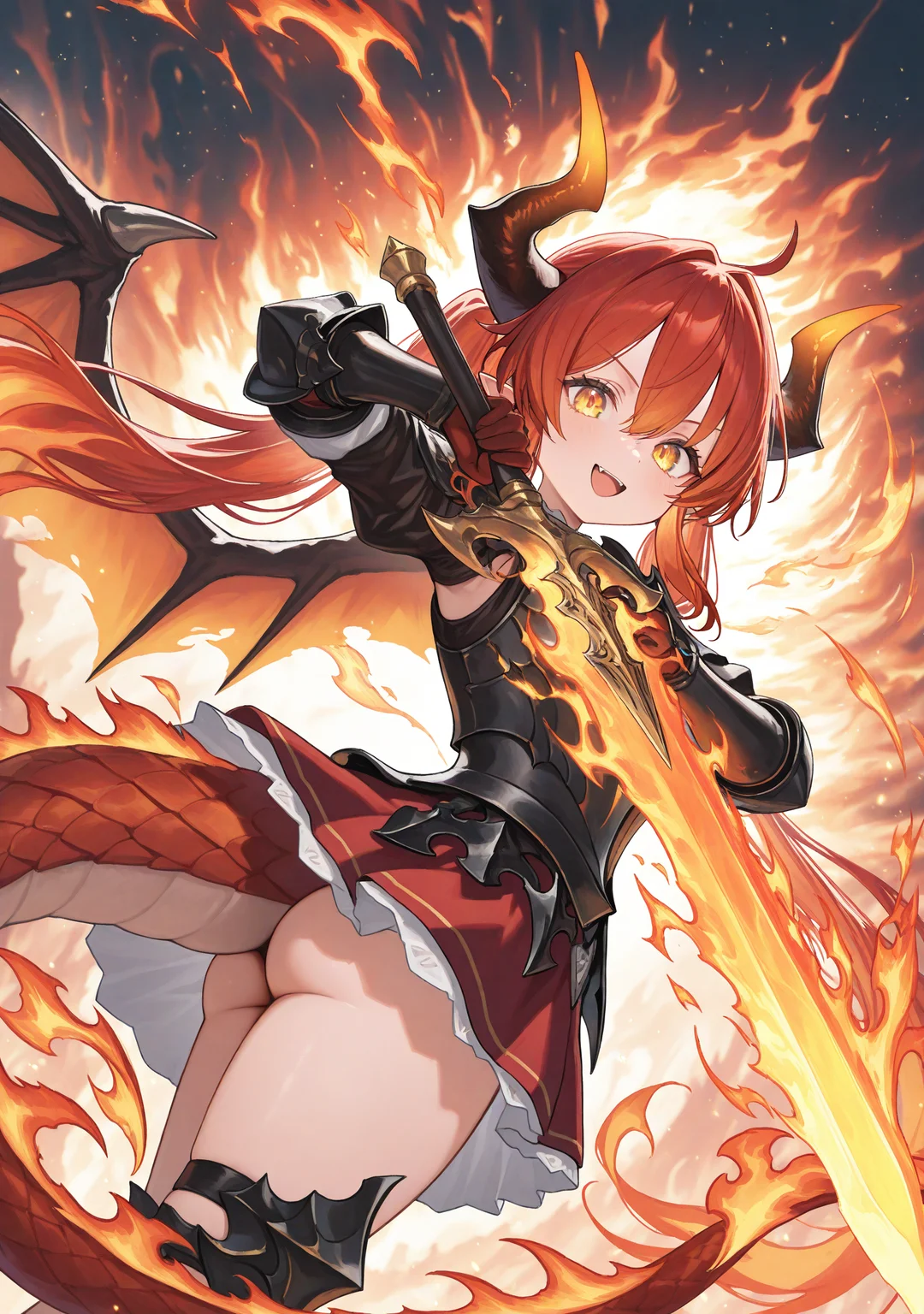 masterpiece,best quality,newest,absurdres,highres,very awa,
<lora:svstyle2:1>,dutch angle,dynamic pose,light particles,
svstyle,1girl,horns,weapon,long hair,sword,tail,dragon tail,solo,fire,wings,holding weapon,holding,armor,holding sword,pointy ears,looking at viewer,flaming weapon,yellow eyes,open mouth,skirt,twintails,ass,dragon horns,flaming sword,dragon wings,smile,:d,dragon girl,hair between eyes,very long hair,enchanted weapon,