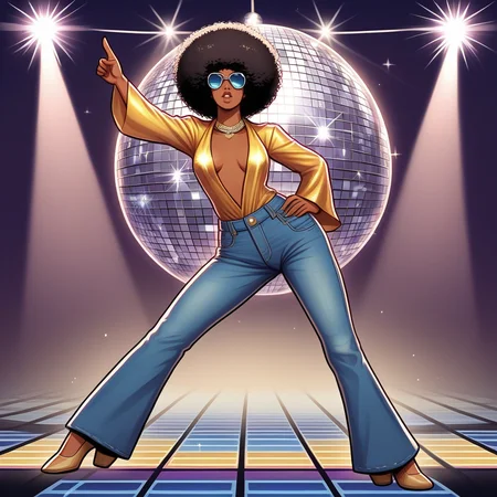 score_9, score_8_up, score_7_up, score_6_up, score_5_up, score_4_up, zPDXL2,source_anime,rating_questionable, <lora:Disco:0.8> d1sco, solo, pointing, sunglasses, jewelry, disco ball, pointing upwards, posing, disco floor, flared jeans, dark skin, afro, 80.8's plunging neckline