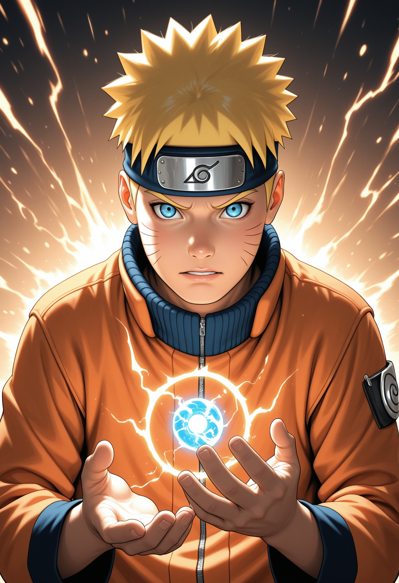 high_quality, highres, beautiful, detailed, (masterpiece, best quality:1.2), absurdres, 8k, HDR,   (1boy, man, male, masculin:1.2), Naruto Uzumaki (Naruto) ,A determined ninja with spiky blond hair and whisker-like marks on his cheeks, wearing his orange jumpsuit, forming a Rasengan attack with a fierce expression, dynamic angle, dynamic posing,