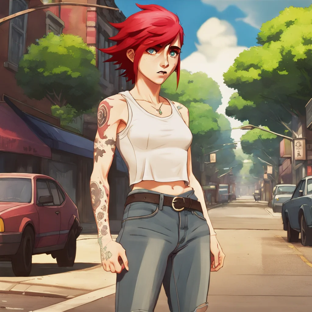 arcane, vi, red hair, light blue eyes, arm tattoo, lip scar, eyebrow scar, freckles, anime, white tshirt, crop top, skinny jeans, city street, cars, shops, trees, studio ghibli  <lora:vi-offset:0.70>