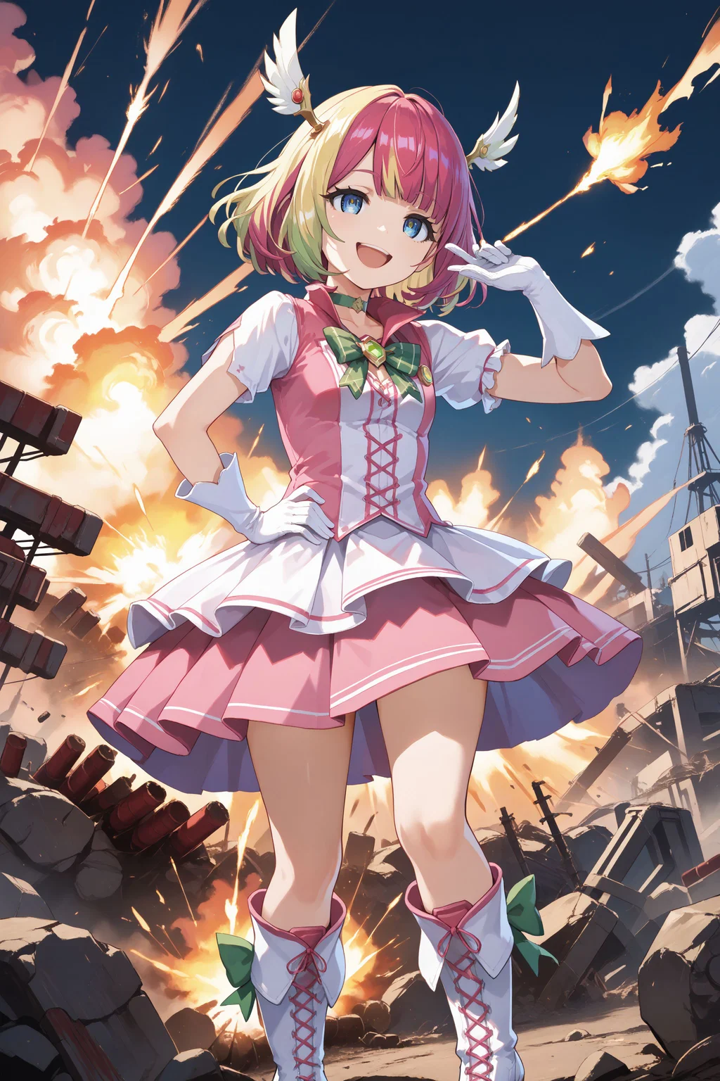 score_max, (score_9, score_8_up, score_7_up:1.2), score_6_up, official art, source_anime,
, masterpiece, absurdres, high detail, 8k,
explosion, sparks, wasteland,
standing, arm up, hand on hips, smile, open mouth,
avarin, multicolored hair, magica2019, wing hair ornament, choker, pink dress, bowtie, brooch, green bow, short sleeves, frills, white gloves, pink skirt, pleated skirt, white boots, heels
<lora:XL_Pony_MGCM-avaritia-t2:1.0>