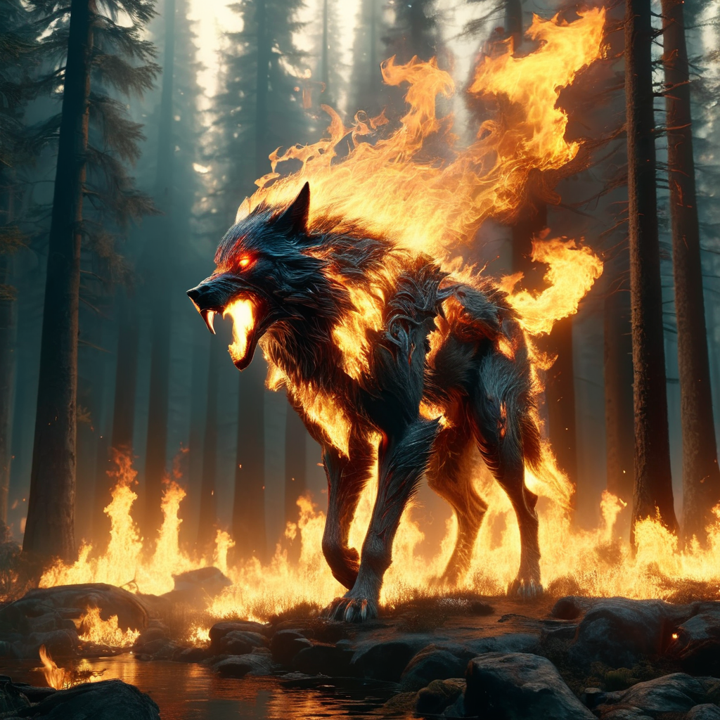 ignar burning wolf in burning forest, dark, cinematic, enigmatic, photorealistic, very detailed<lora:ignar:1>