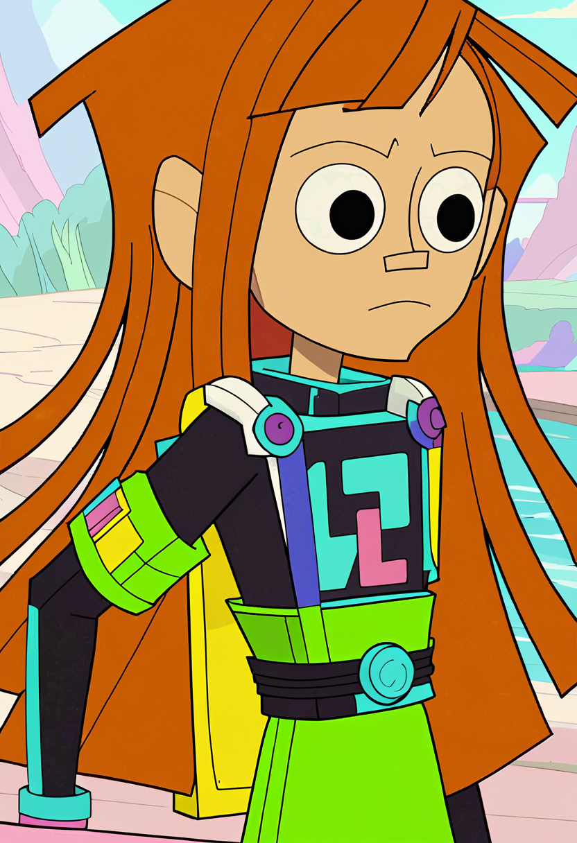 <lora:TwelveForever_Reggie_Pony:1.2>, reggie \(endless\), reggie \(twelve\), reggie, twelve forever, 1girl, solo, orange hair, long hair, black eyes, bangs, bridge, masterpiece, best quality, score_9, score_8_up, score_7_up