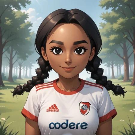score_9, score_8, BREAK, solo, wii, mii, wii sports club, 1girl, female mii, black eyes, thick eyebrows, black hair, low braids, dark skin, dark skin female, smile, RiverPlate, striped shirt, striped, shirt, white shirt, short sleeves, clothes writing, sportswear, soccer uniform, cute, nintendo mii, modern_mii, classic_mii, breasts, laura_(\wii_sports_club\), sexy pose, self portrait, smile, outdoors, sunlight, shadows, evening lighting, natural lighting, forest, trees, grass, orange sky, sunset